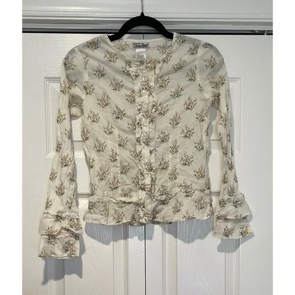Lucky Brand Girls Floral Button Up Top Size XL (16) Bell Sleeves Ruffles Dainty - Picture 1 of 12